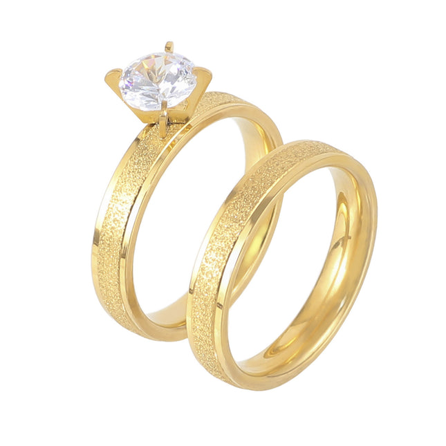 Titanium Steel Gold Couple Rings with Diamond Accent – Set of 2