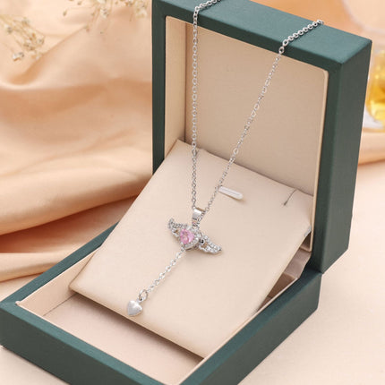 Moving Cupid Heart Angel Wings Tassel Necklace with Crystal Clavicle Chain