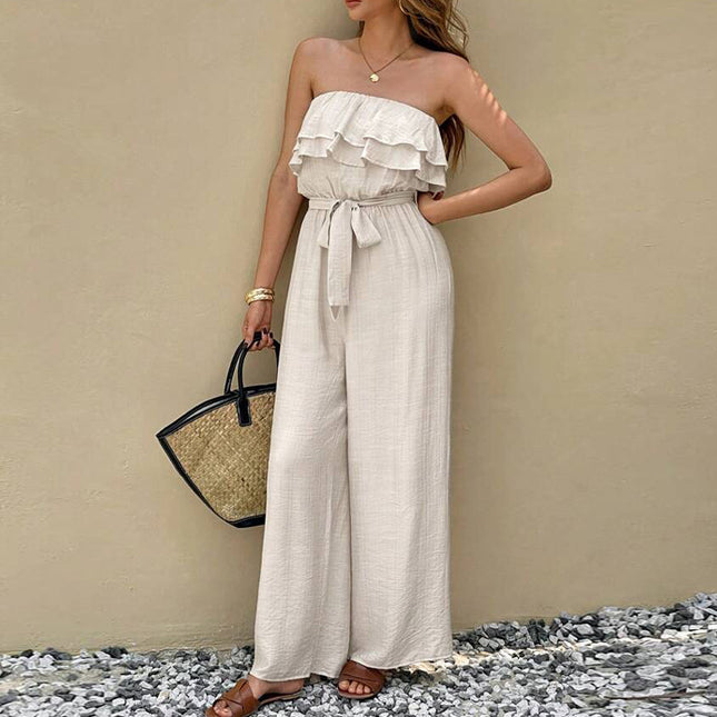 Sleeveless Two-Tone Twill Jumpsuit with Lace-Up Detailing