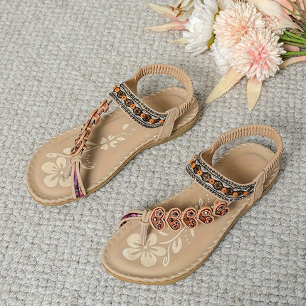 Women’s Ethnic Style PU Sandals – Rhinestone Beaded Breathable Lightweight Flats