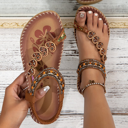 Women’s Ethnic Style PU Sandals – Rhinestone Beaded Breathable Lightweight Flats