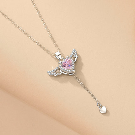 Moving Cupid Heart Angel Wings Tassel Necklace with Crystal Clavicle Chain