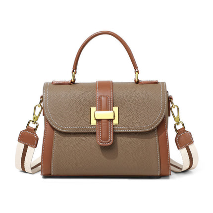Street Trend Genuine Leather Horizontal Square Handbag with Contrast Color