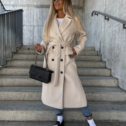 Women’s Long Solid Color Commuter Coat – Elegant Temperament Polyester Overcoat