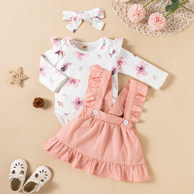 Baby Girl 3-Piece Outfit Set (Hairband + Jumpsuit + Strap Skirt)