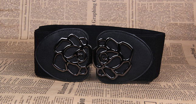 Floral Buckle PU Leather Wide Belt