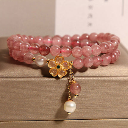 Women’s Double Circle Strawberry Quartz Clover Bracelet